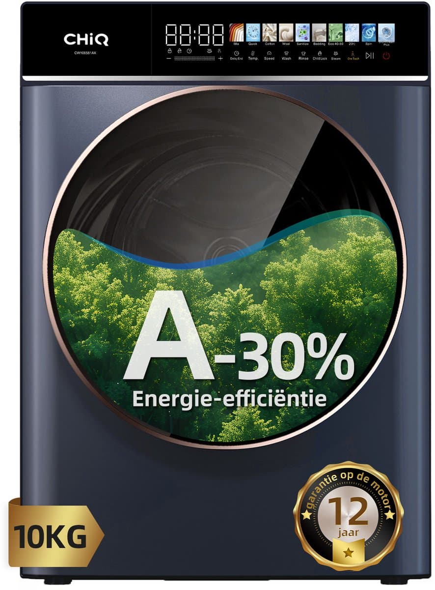 CHiQ CW106581AX - Wasmachine - 10 KG - Full Service - Space Pro - A-30% - 13.5 Inch Led-Touchscreen - 12 programma's - AI Smart - Stoomwassen & Quick Wash - 12 jaar garantie op motor