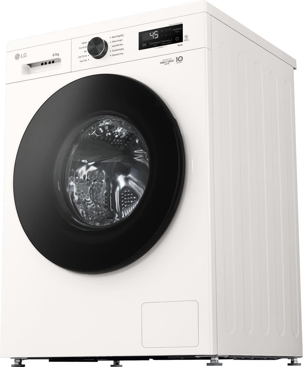 LG W4X1085NWB was‑droogcombinatie 8/5 kg met 6 Motion DD voor optimale stofverzorging - TurboWash 360 voor sneller wassen - Steam voor anti‑allergie en ThinQ slimme bediening. Energieklasse A
