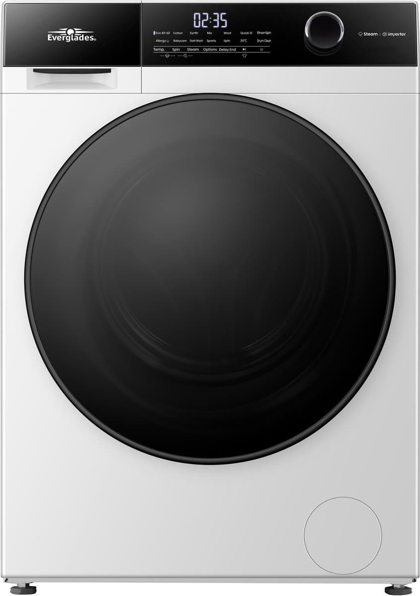 Everglades EVWM81421AW - Wasmachine 8KG - Arctic White - Energieklasse A-20% - Stoomfunctie - 15 Programma's - 5 Jaar Garantie