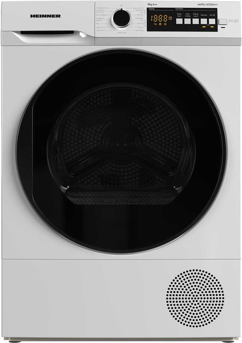 Heinner HHPD-V9T2KA++ Warmtepompdroger 9 kg – 15 Droogprogramma’s – Digitaal Display – Anti-kreukfunctie – Startuitstel – Omkeerbare Deur – Wit – 5 Jaar Garantie