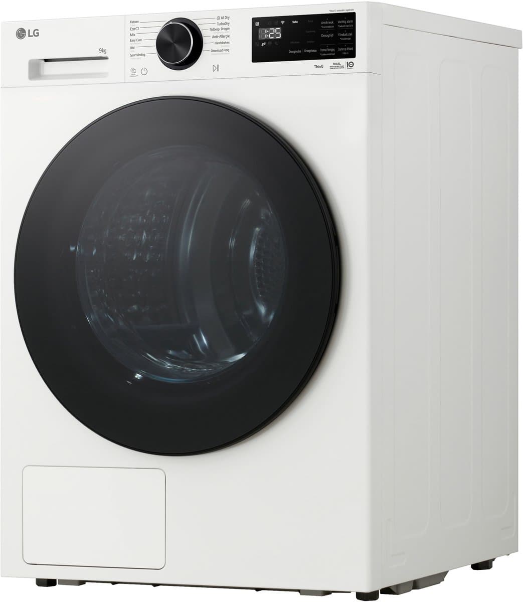LG RHX5009TWB warmtepompdroger 9 kg met Dual Inverter Heat Pump voor gelijkmatig en energiezuinig drogen - Sensor Dry stopt automatisch bij droog - Zelfreinigende condensor voor duurzaam rendement en ThinQ slimme bediening. Energieklasse B