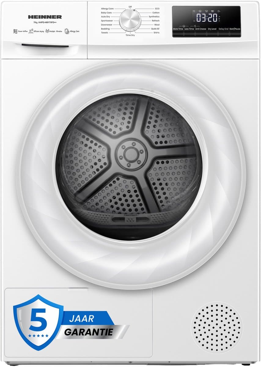 Heinner HHPD-HMY70FD++ Wasdroger - Warmtepompdroger 7 kg – 15 Programma’s – Digitaal Display – Wit – 5 Jaar Garantie