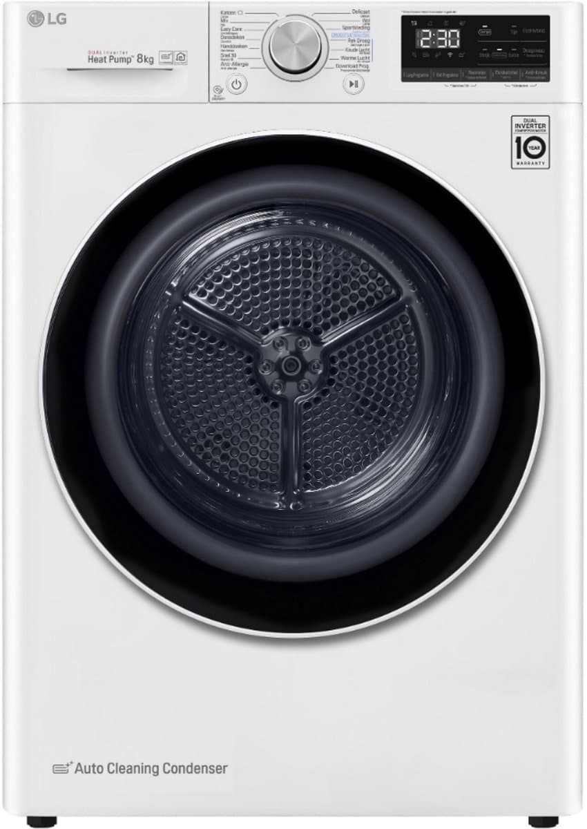 LG RH80V9AV4N warmtepompdroger 8 kg met Dual Inverter Heat Pump voor sneller en energiezuinig drogen - Auto Cleaning Condenser voor duurzaam rendement en ThinQ slimme bediening. Energieklasse A+++