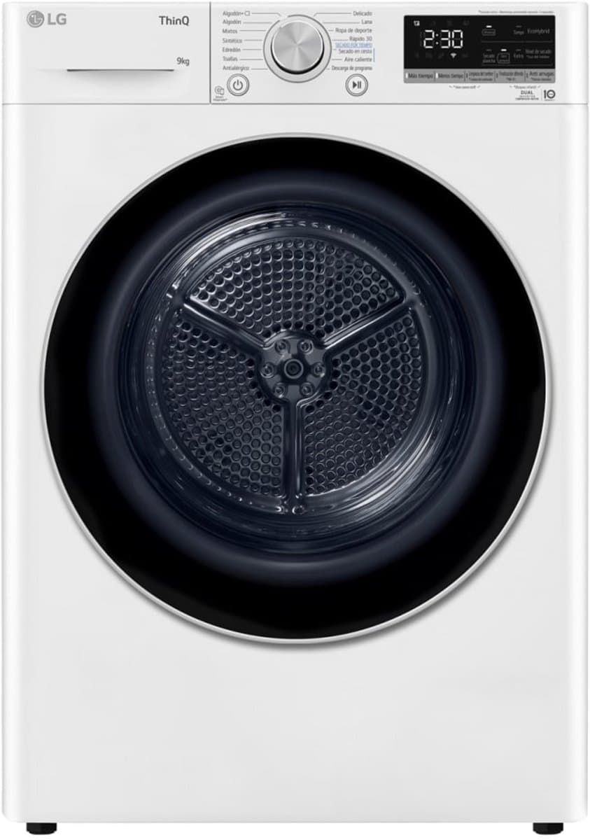 LG RH90V9AV3N warmtepompdroger 9 kg met Dual Inverter Heat Pump voor sneller en energiezuinig drogen - Sensor Dry stopt automatisch bij droog - Auto Cleaning Condenser en ThinQ slimme bediening. Energieklasse A+++