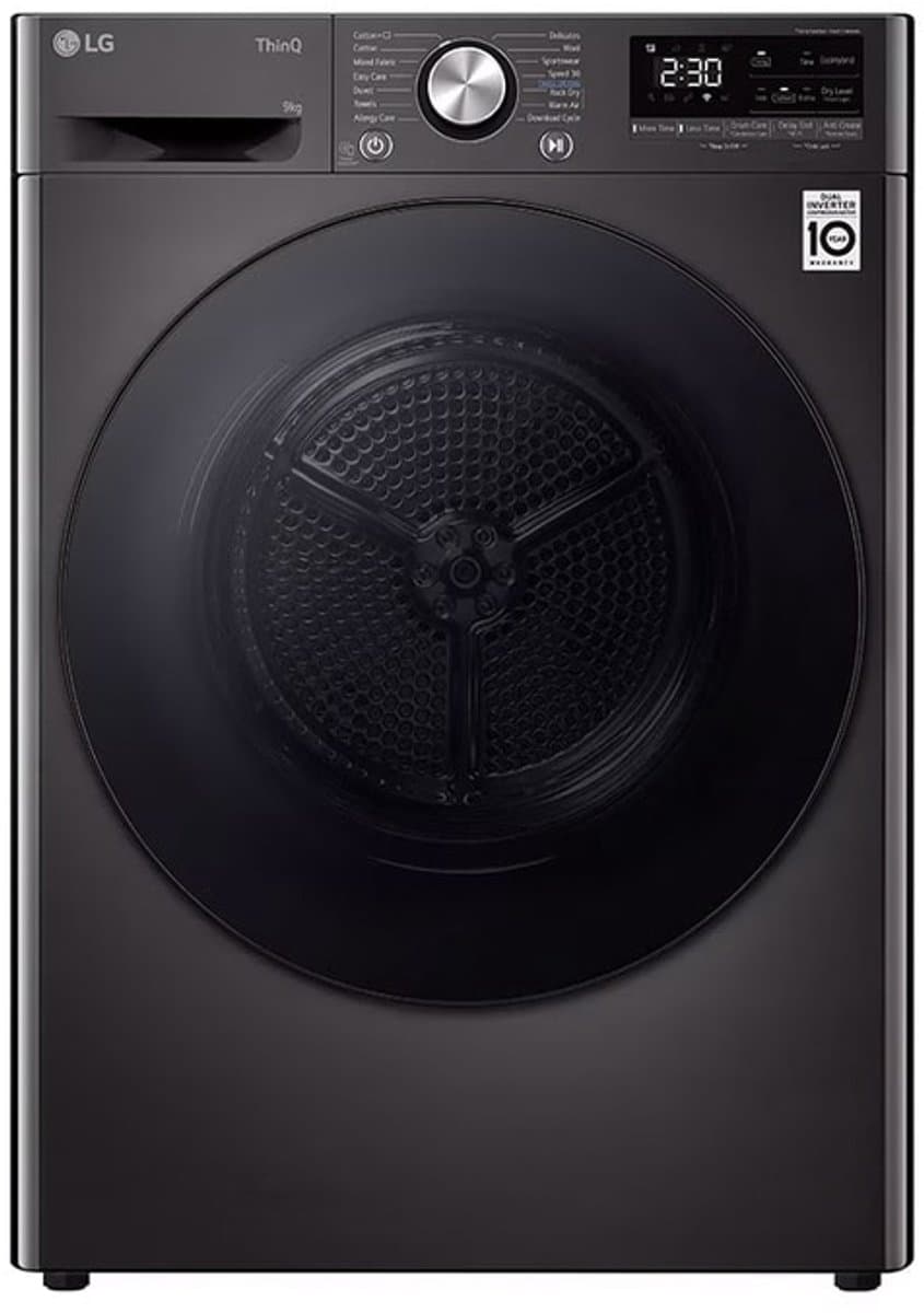 LG RH90V9ZVEN warmtepompdroger 9kg Zwart - Zelfreinigende condensor - Dual Inverter Heat Pump voor energiezuinig en zorgvuldig drogen - Eco Hybrid, sneller drogen of extra energiebesparing. Energieklasse A+++