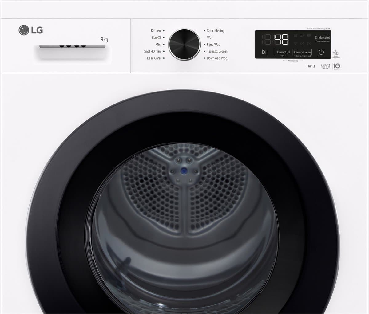 LG RHX1009NWK warmtepompdroger 9 kg met zelfreinigende condensor voor blijvend optimale prestaties, Sensor Dry voor nauwkeurig en zuinig drogen, Dual Lint Filter voor betere pluisopvang, ThinQ slimme bediening en energiezuinige warmtepomptechnologie