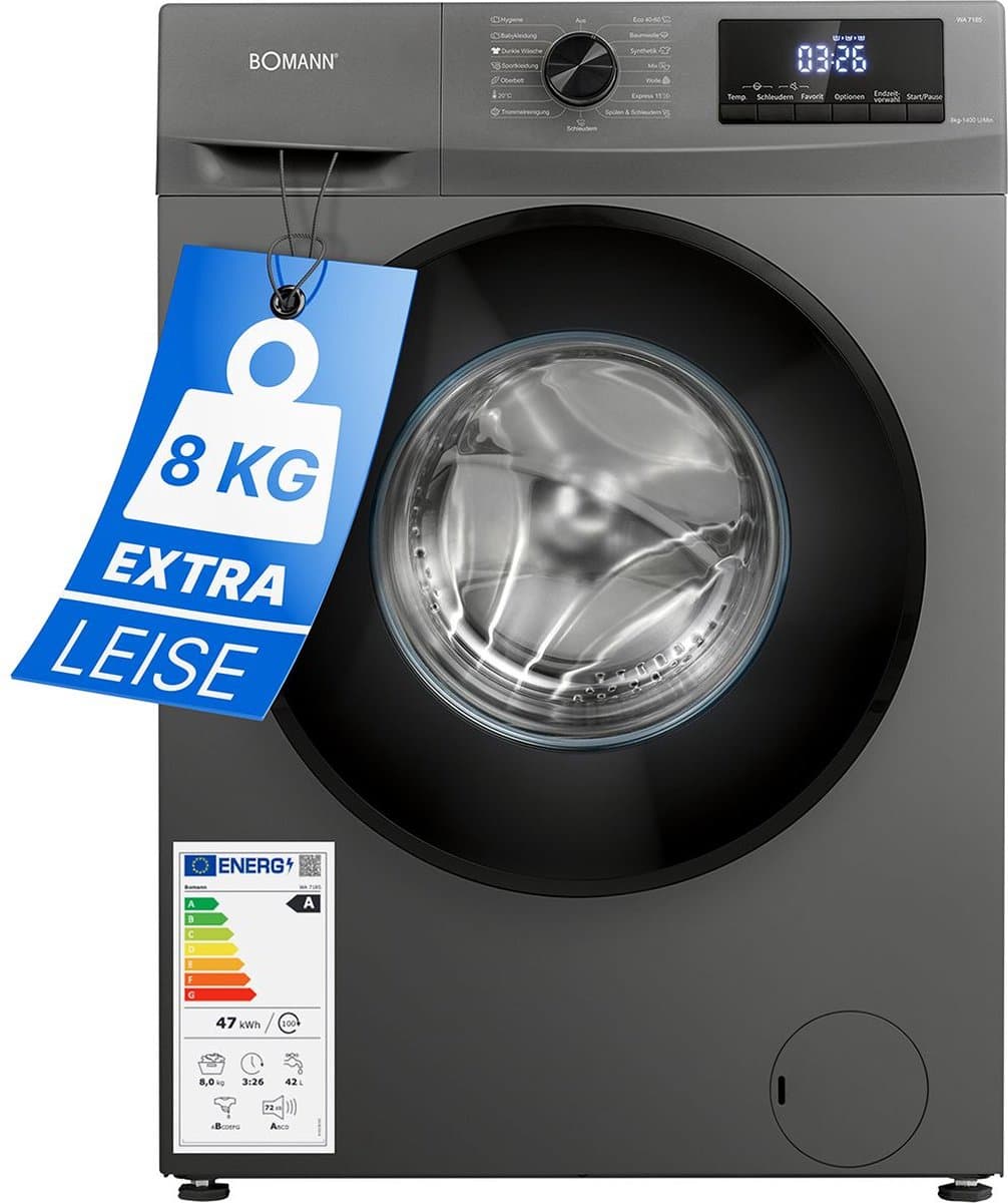 Bomann WA 7185 T Wasmachine - 8KG - 1400 toeren - 15 programma's - Stoomfunctie - Energieklasse A - 10 jaar motorgarantie