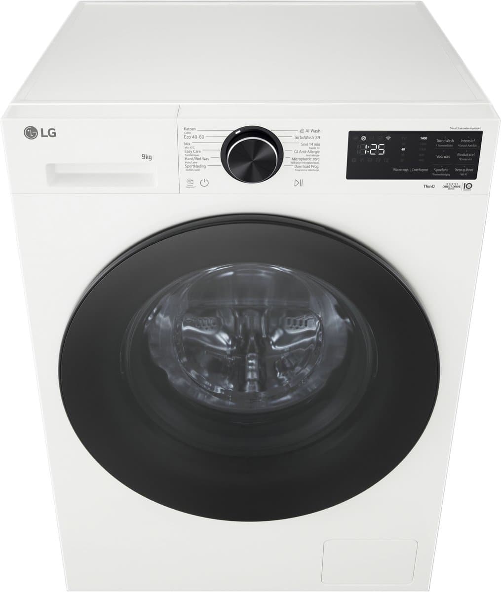 LG F4X5009TWB wasmachine 9 kg met AI DD voor betere stofverzorging, TurboWash360˚ voor snel en grondig wassen in ca. 39 min, Steam verwijdert allergenen en bacteriën, ThinQ slimme bediening en stille, duurzame Inverter Direct Drive. Energieklasse A